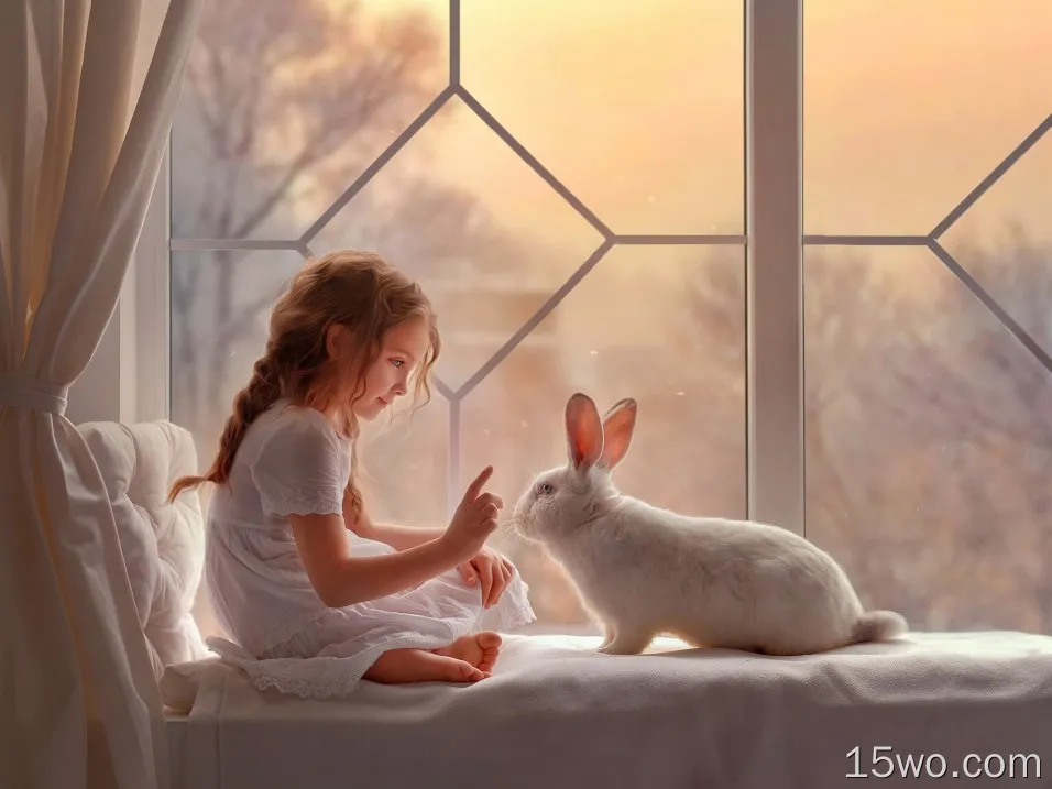 可爱的小女孩和兔子