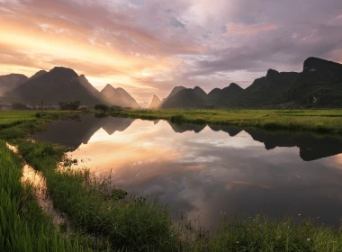 中国，乡下，河，山，云彩，水反射，早晨 1920x1200