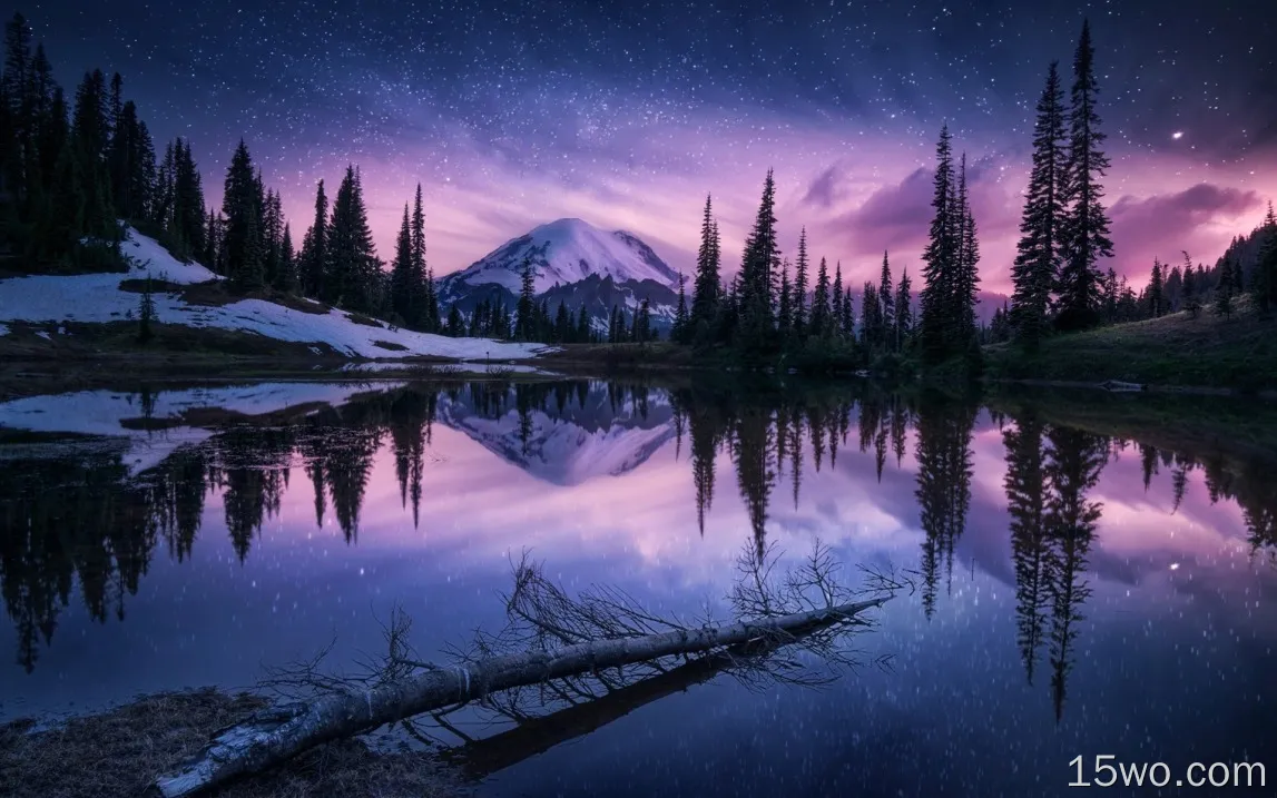 冬天，湖，树，山，雪，天空，星星