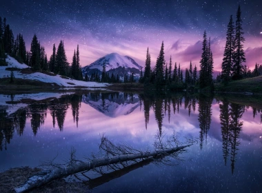 冬天，湖，树，山，雪，天空，星星 1920x1200