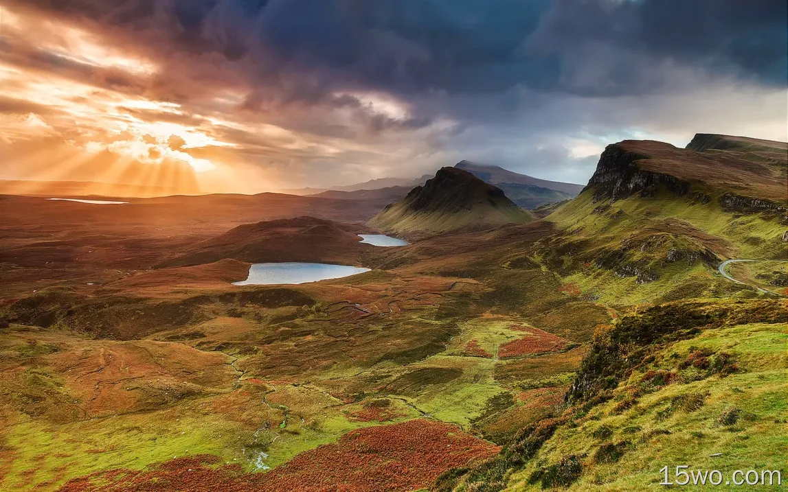 苏格兰，斯凯岛，丘陵，山地，湖泊，日落，云海