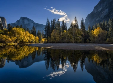 加州优胜美地国家公园，高山，森林，湖泊，日出 2560x1440