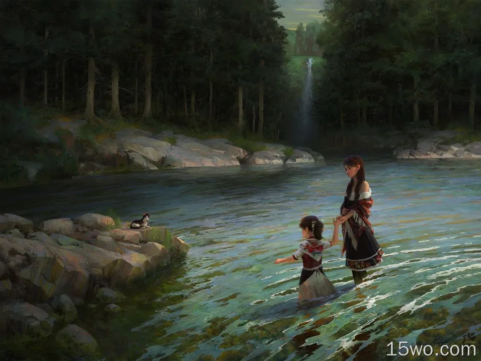 艺术绘画，小女孩和她的母亲，池塘，猫，树