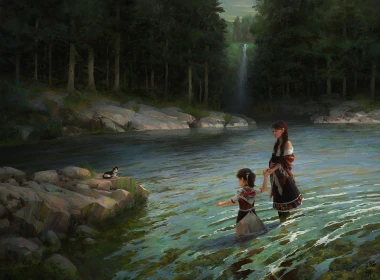 艺术绘画，小女孩和她的母亲，池塘，猫，树 1920x1440