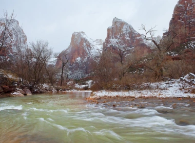 锡安国家公园，山，河，雪，树，冬天，美国 1920x1080