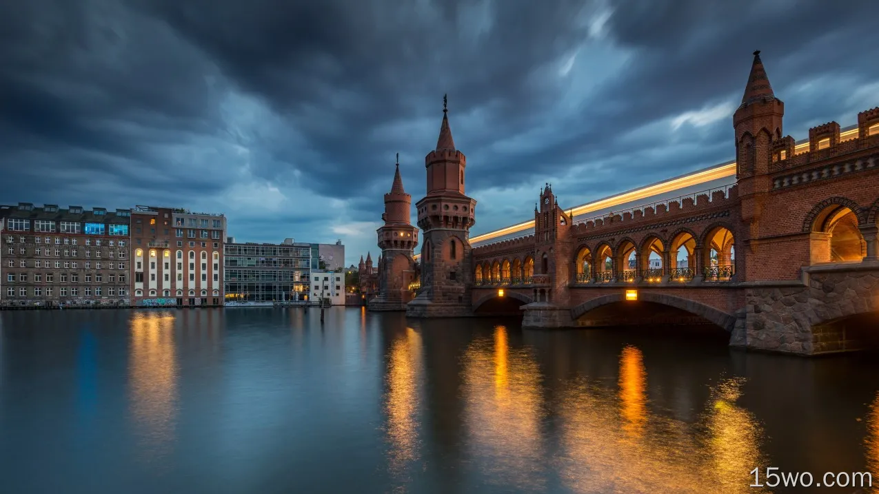 德国，柏林，上树桥，夜晚，河流，灯光