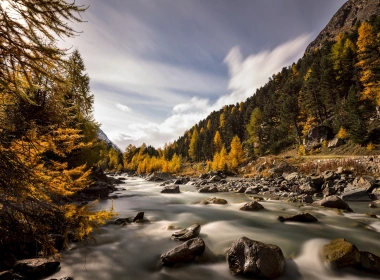 瑞士，瓦洛塞格，秋，河，树木，岩石 1920x1200