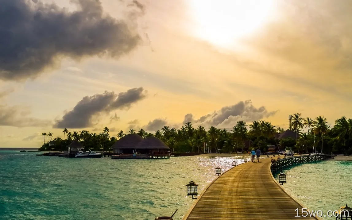 马尔代夫，热带，海洋，棕榈树，船，桥，房子