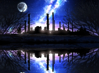 动漫 原创 Starry Sky 月亮 倒影 湖泊 工厂 高清壁纸 3072x1833