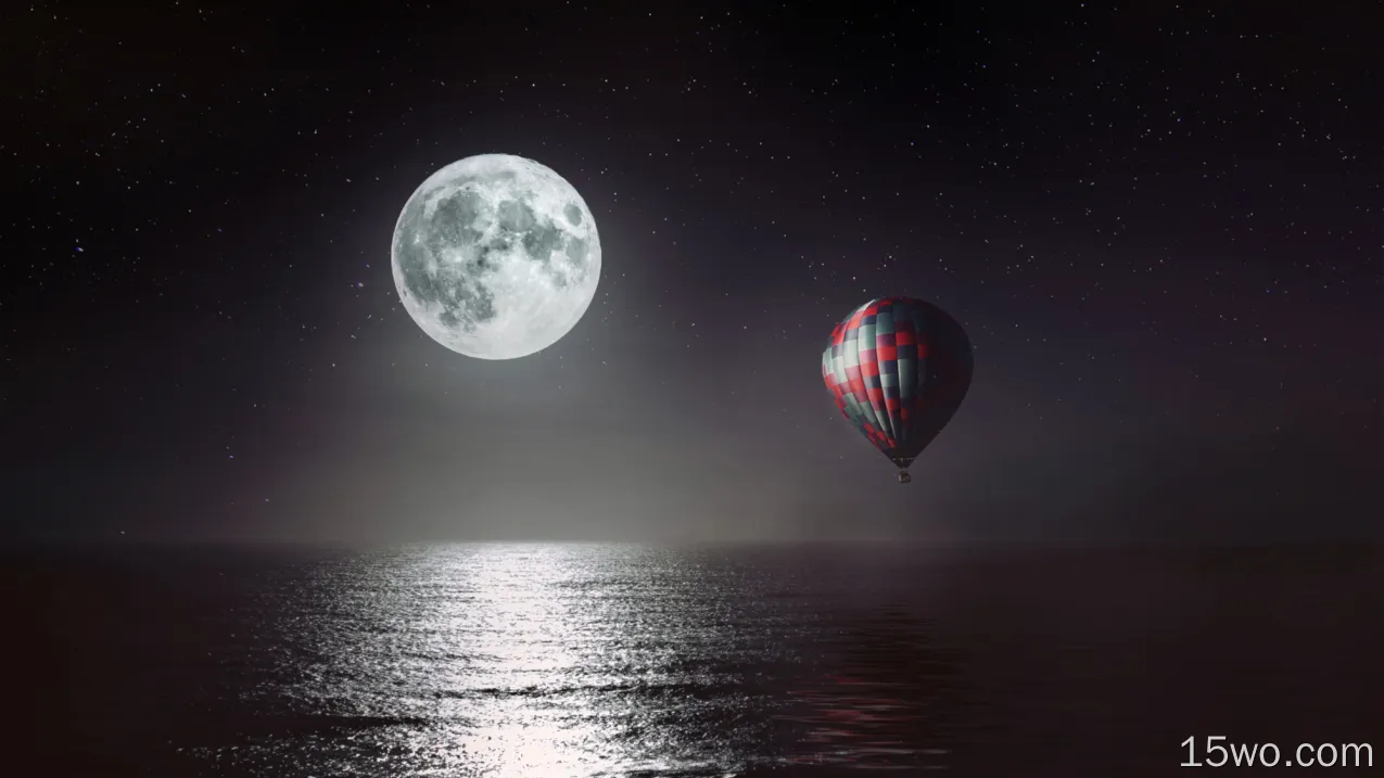 自然 月亮 Horizon 热气球 Sea 高清壁纸