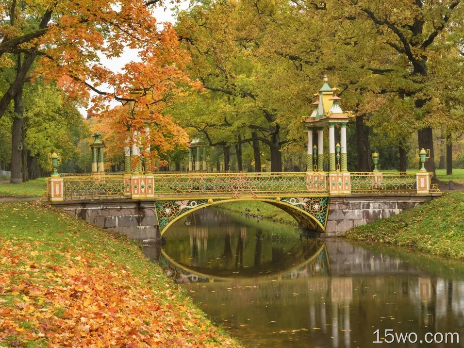 普希金，圣彼得堡，公园，树木，河，桥，秋天