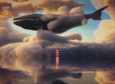 鲸在天空中飞翔，云，灯塔，海，艺术画 2560x1440