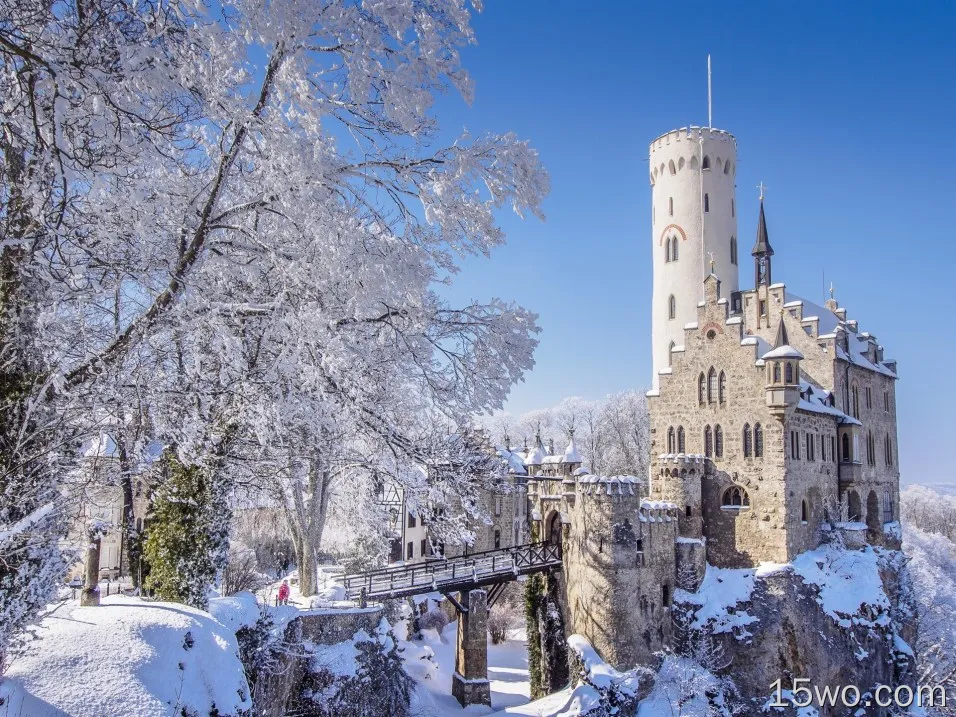 德国，巴登 - 符腾堡州，利希滕斯泰因城堡，冬天，雪，树