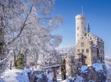德国，巴登 - 符腾堡州，利希滕斯泰因城堡，冬天，雪，树 1920x1440