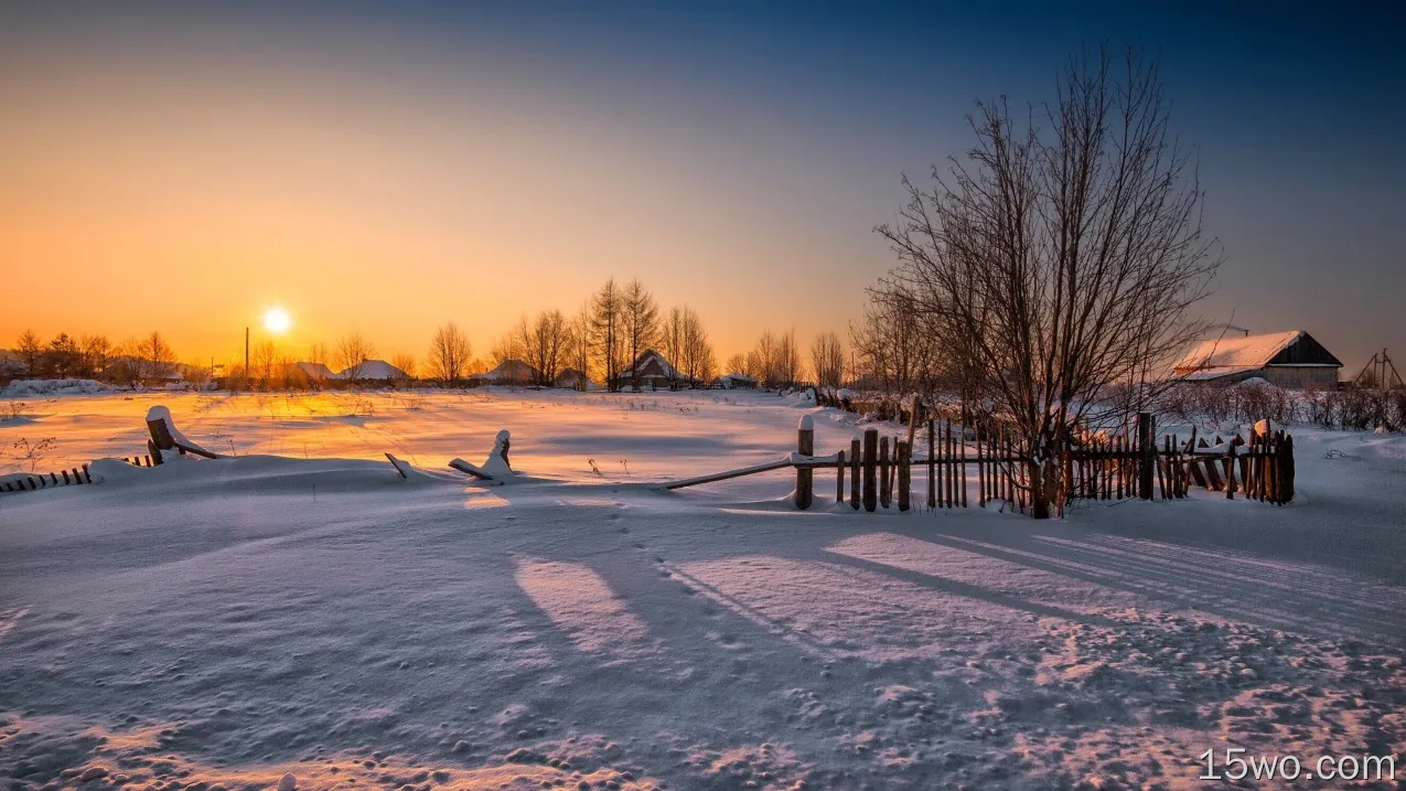 冬季，栅栏，树木，房子，日落，雪景