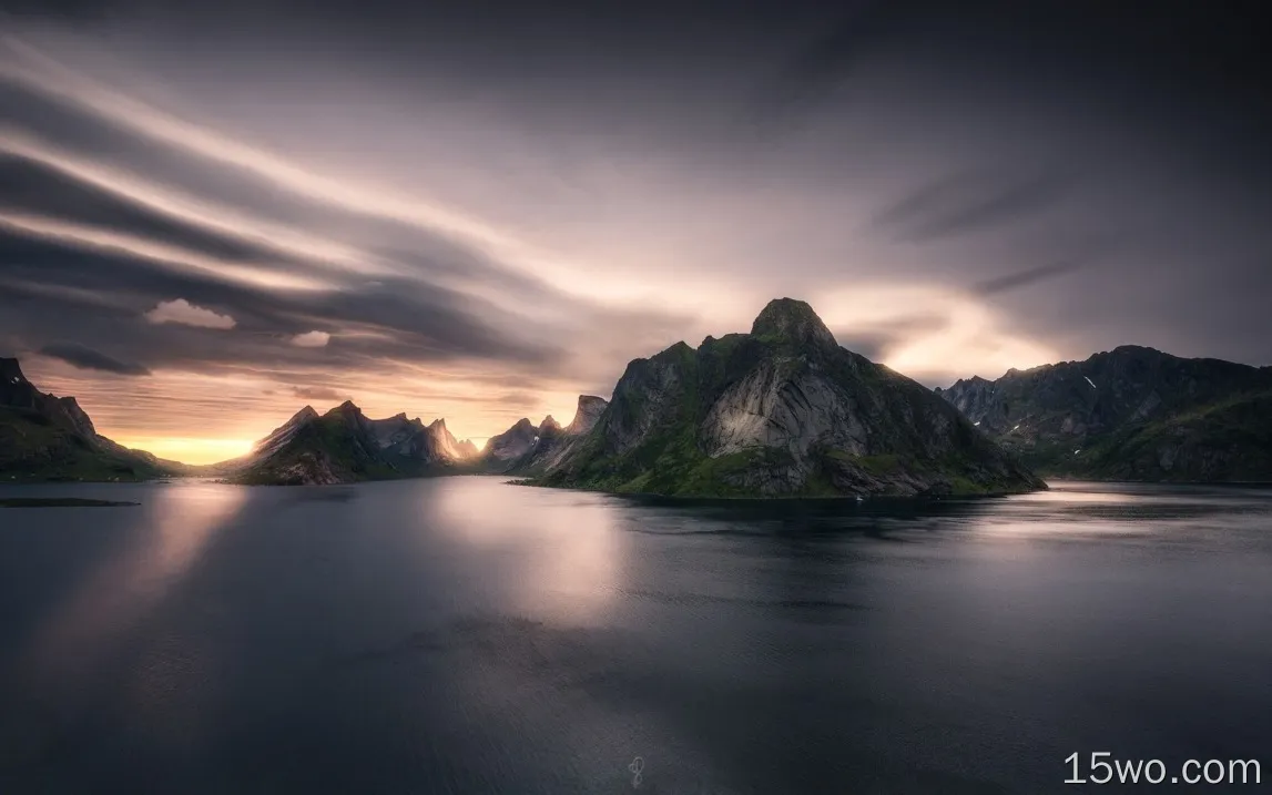 挪威，峡湾，山，海，云，日落