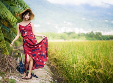 芭蕉树旁边的美女 红色连衣裙 3840x2559