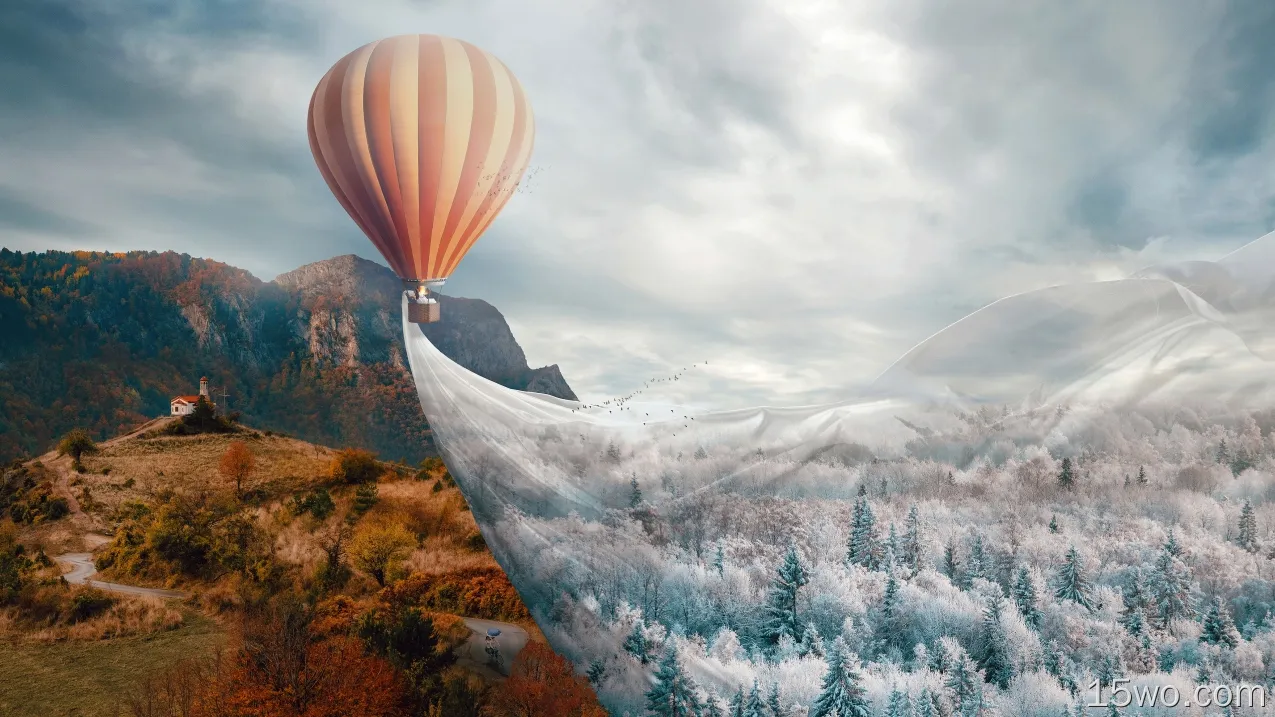 热气球，超现实主义，秋冬，云