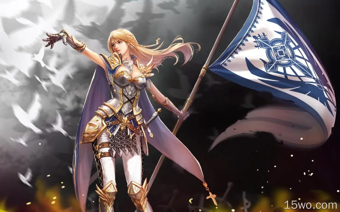奇幻 骑士 Joan of Arc Woman Warrior Banner Armor Blonde 高清壁纸