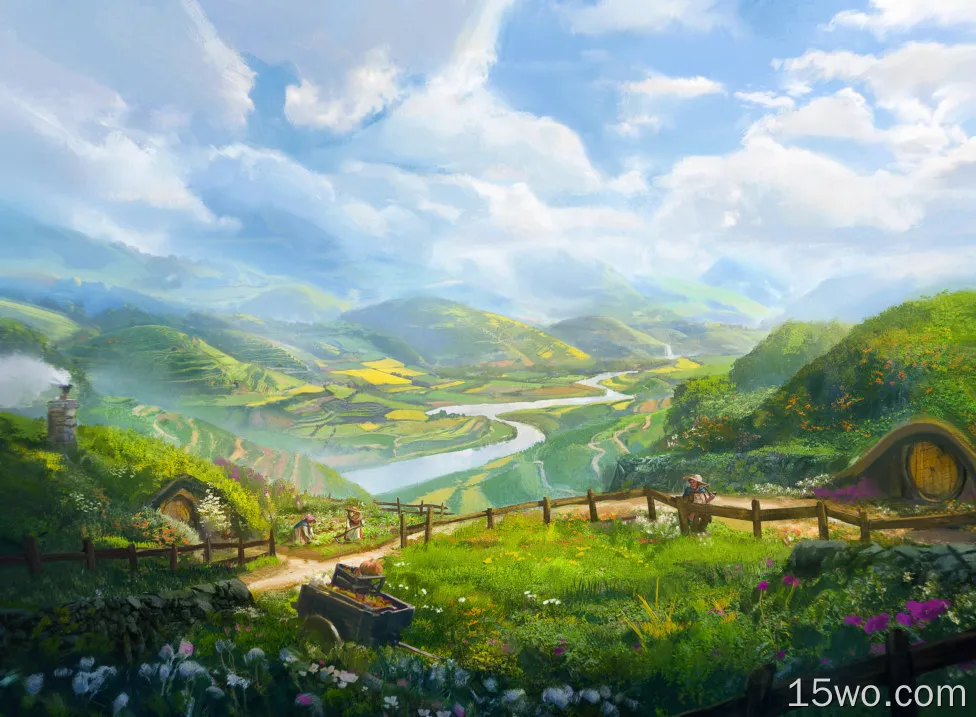 artwork,digital art,river,nature,mountains,The Shire,The Lord of the Rings,clouds,Hobbits,sky,landscape,flowers,path,Hobbiton