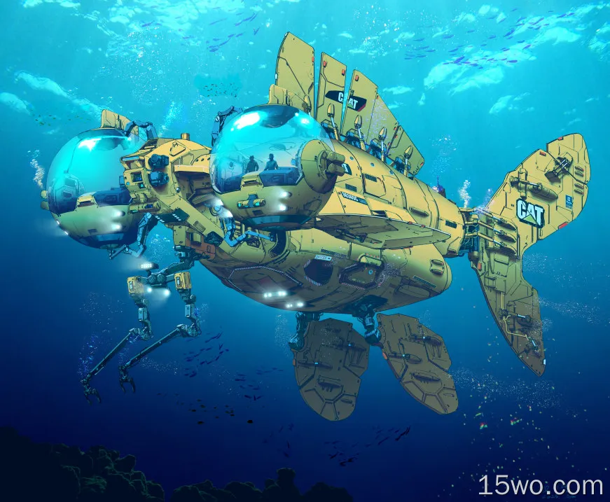 潜艇，金鱼，水下，未来主义，水，数字艺术