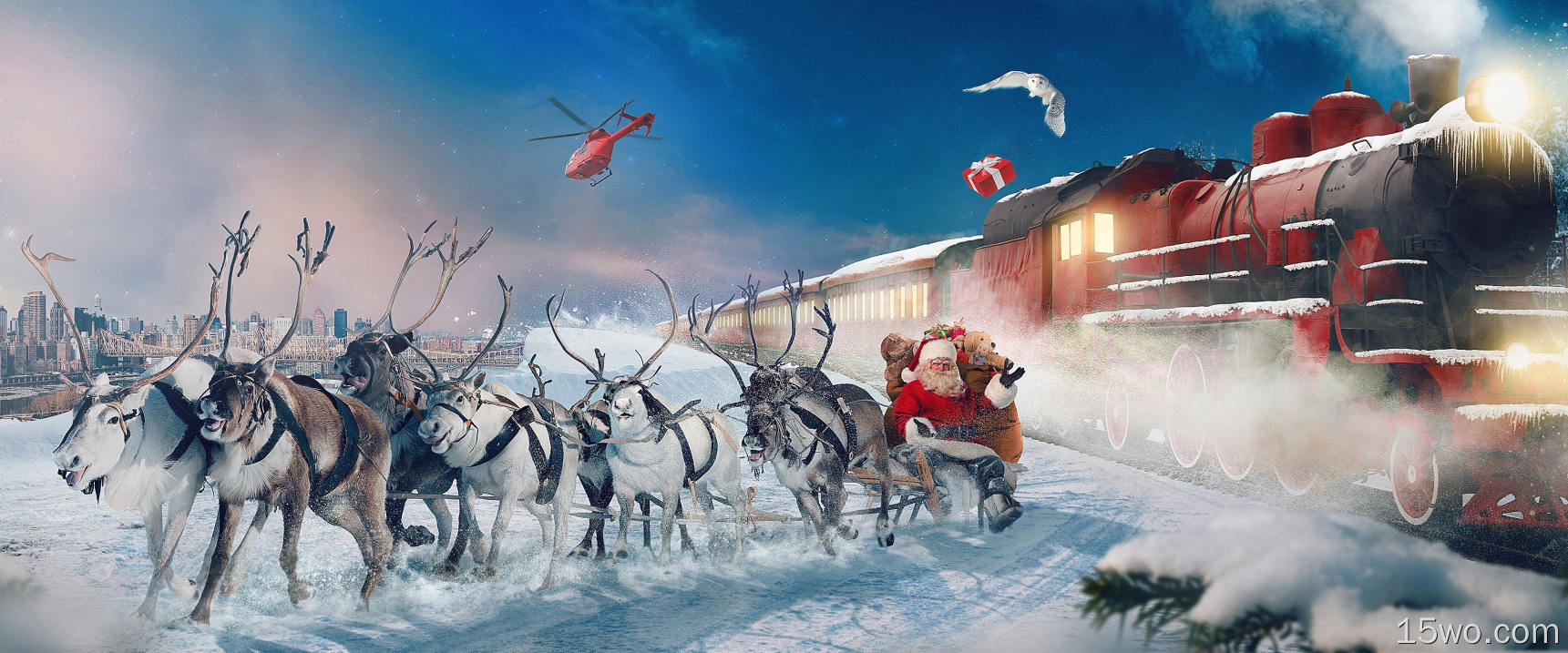 节日 圣诞节 Santa Sleigh Reindeer 火车 冬季 高清壁纸