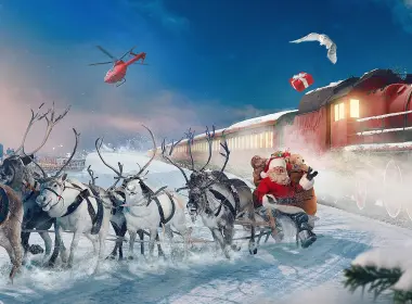 节日 圣诞节 Santa Sleigh Reindeer 火车 冬季 高清壁纸 3840x1600