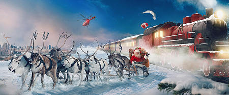 节日 圣诞节 Santa Sleigh Reindeer 火车 冬季 高清壁纸 3840x1600