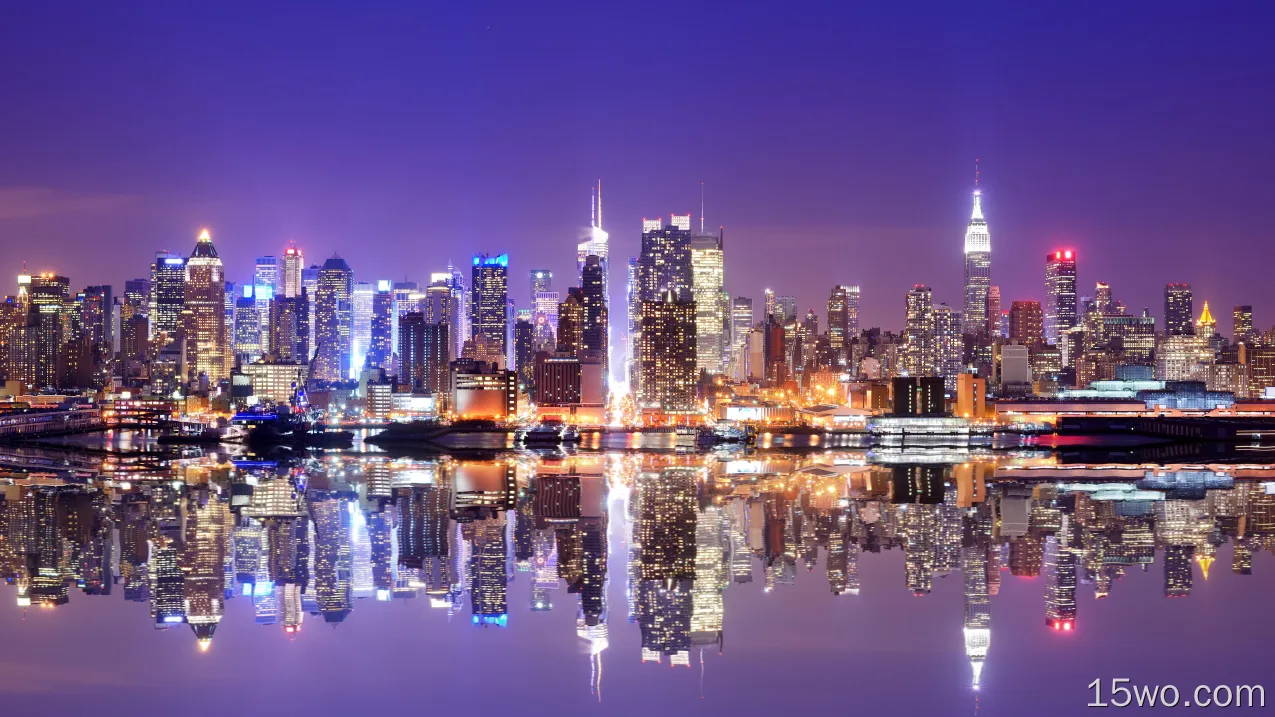 人造 纽约 城市 美国 USA 夜晚 倒影 建筑 摩天大楼 高清壁纸