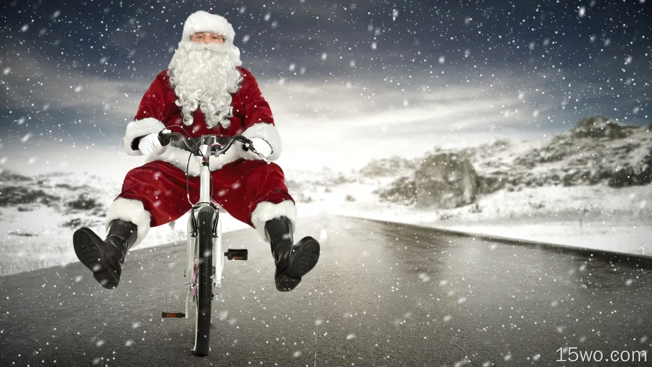 节日 圣诞节 Santa 自行车 Snow 高清壁纸
