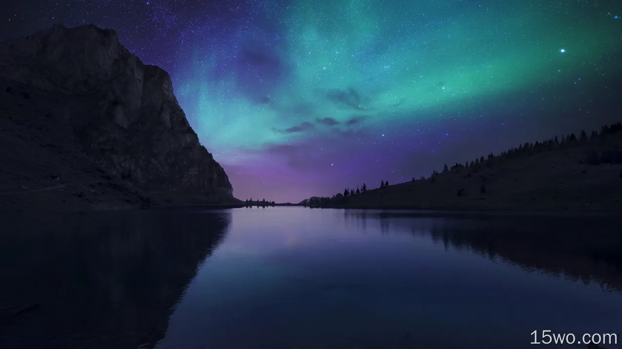 奥罗拉湖的夜晚 瑞士Bannalp湖 冰岛 极光 星空 4K壁纸