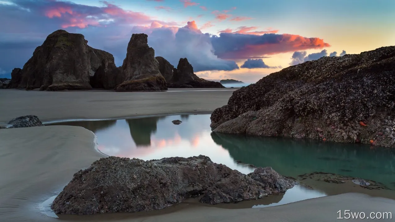 自然 日落 海滩 Colorful 海洋 岩石 高清壁纸