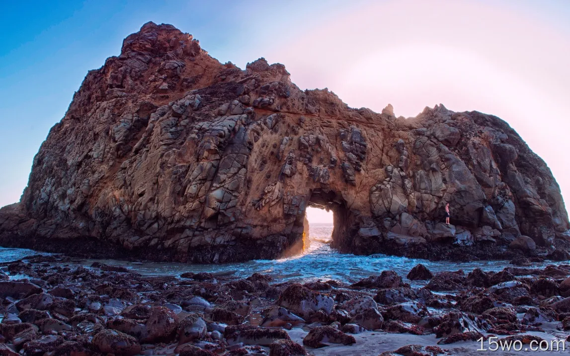 菲佛海滩，加利福尼亚州，美国，岩石，拱，太阳光线