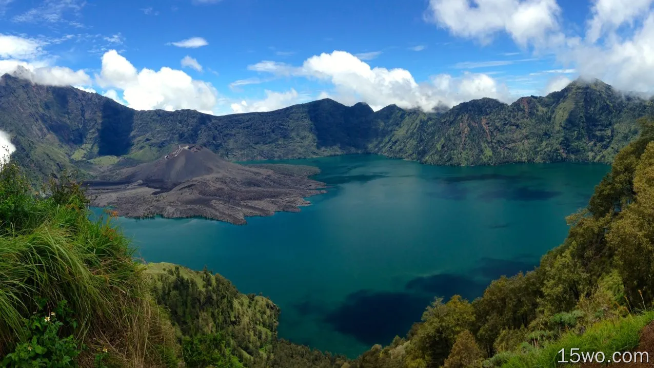 自然 火山 地球 湖泊 印度尼西亚 树 绿色 蓝色 高清壁纸