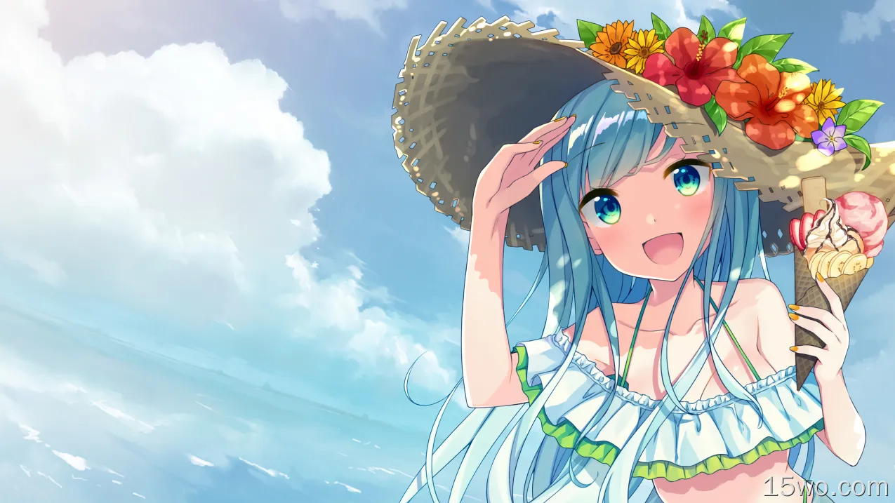 动漫 原创 女孩 Blue Hair 海滩 夏季 Anime 可爱 冰淇淋 花 高清壁纸
