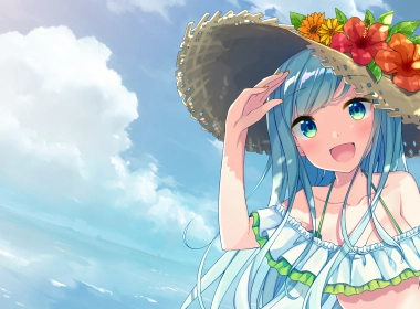 动漫 原创 女孩 Blue Hair 海滩 夏季 Anime 可爱 冰淇淋 花 高清壁纸 3840x2160