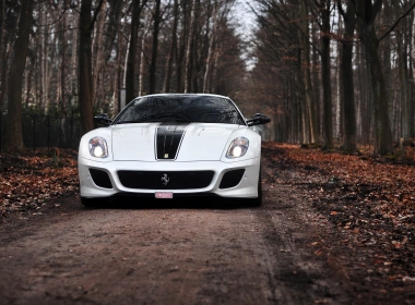 法拉利599 GTO的白色超级跑车，道路，树木，秋天 2560x1600