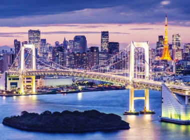 人造 Rainbow Bridge 桥 东京 城市 日本 夜晚 建筑 摩天大楼 高清壁纸 5120x2880