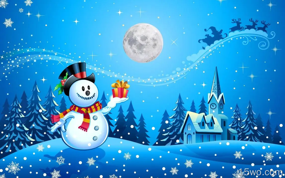 节日 圣诞节 雪人 教堂 月亮 高清壁纸