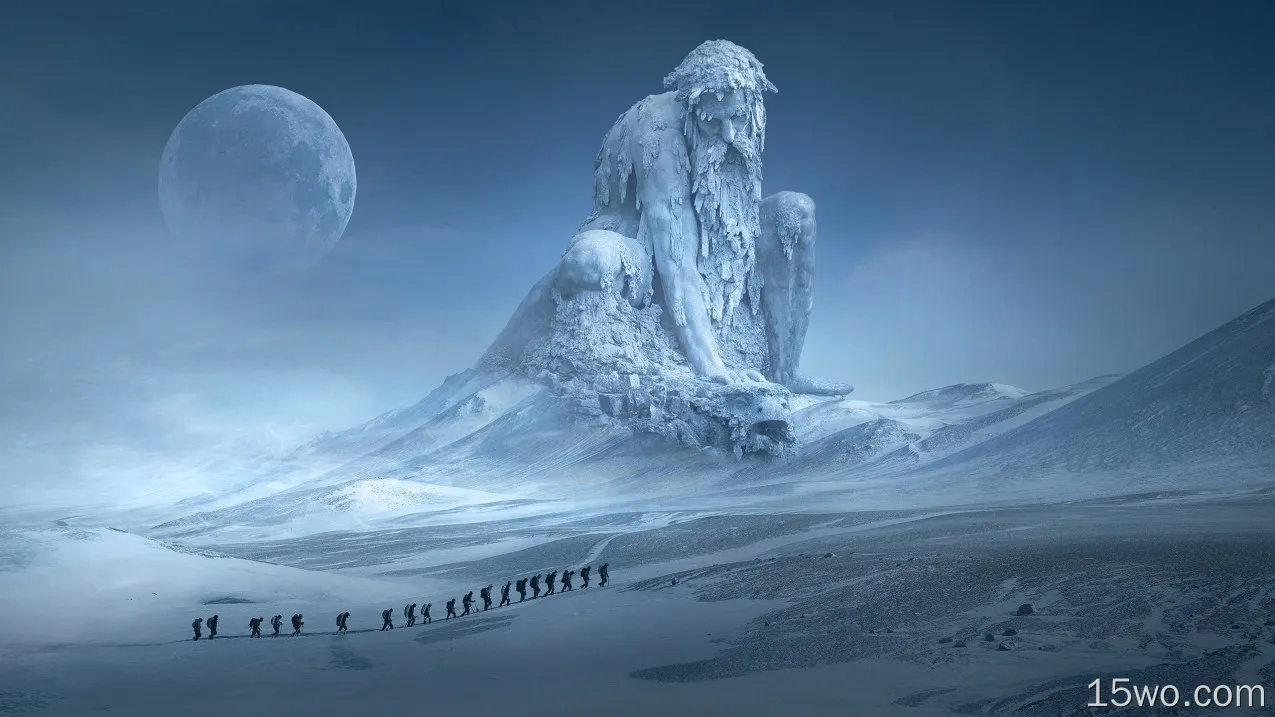 巨大的雕像，雪，冬天，月亮，艺术图片