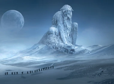 巨大的雕像，雪，冬天，月亮，艺术图片 2560x1440