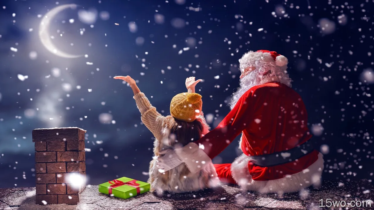 节日 圣诞节 Little Girl Santa 夜晚 Snowfall 高清壁纸