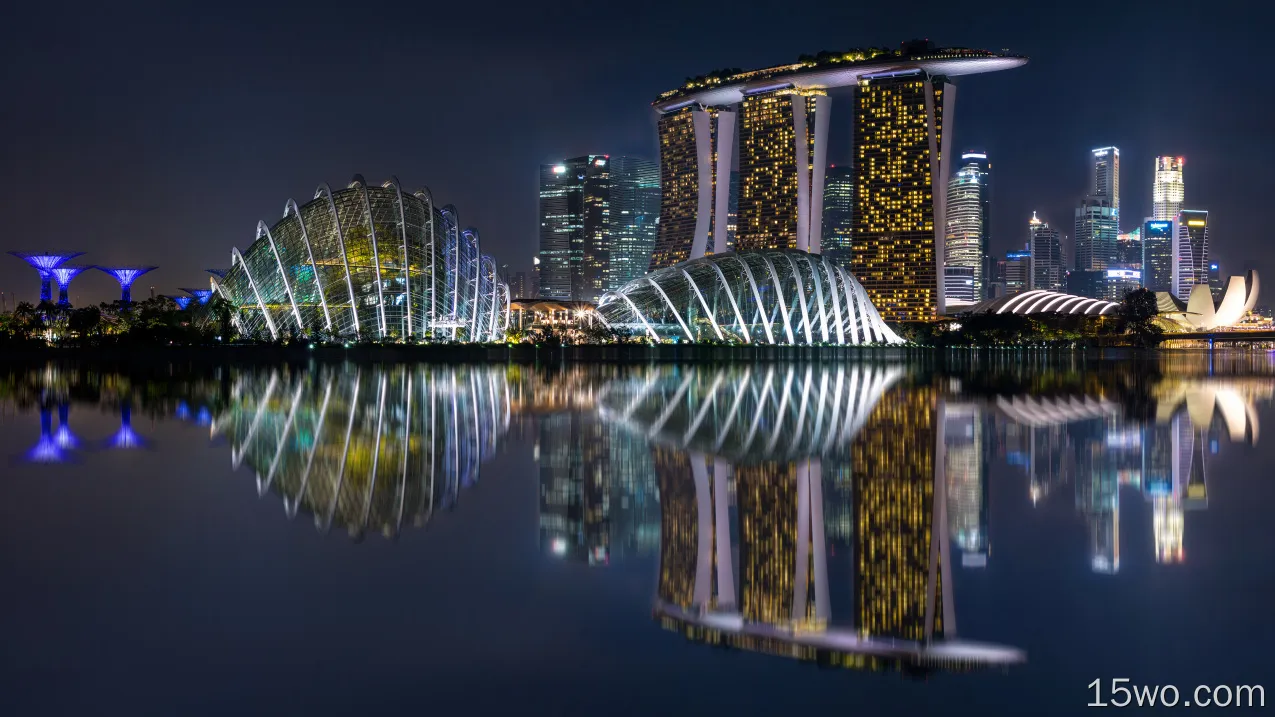 人造 滨海湾金沙酒店 建筑 新加坡 夜晚 倒影 高清壁纸