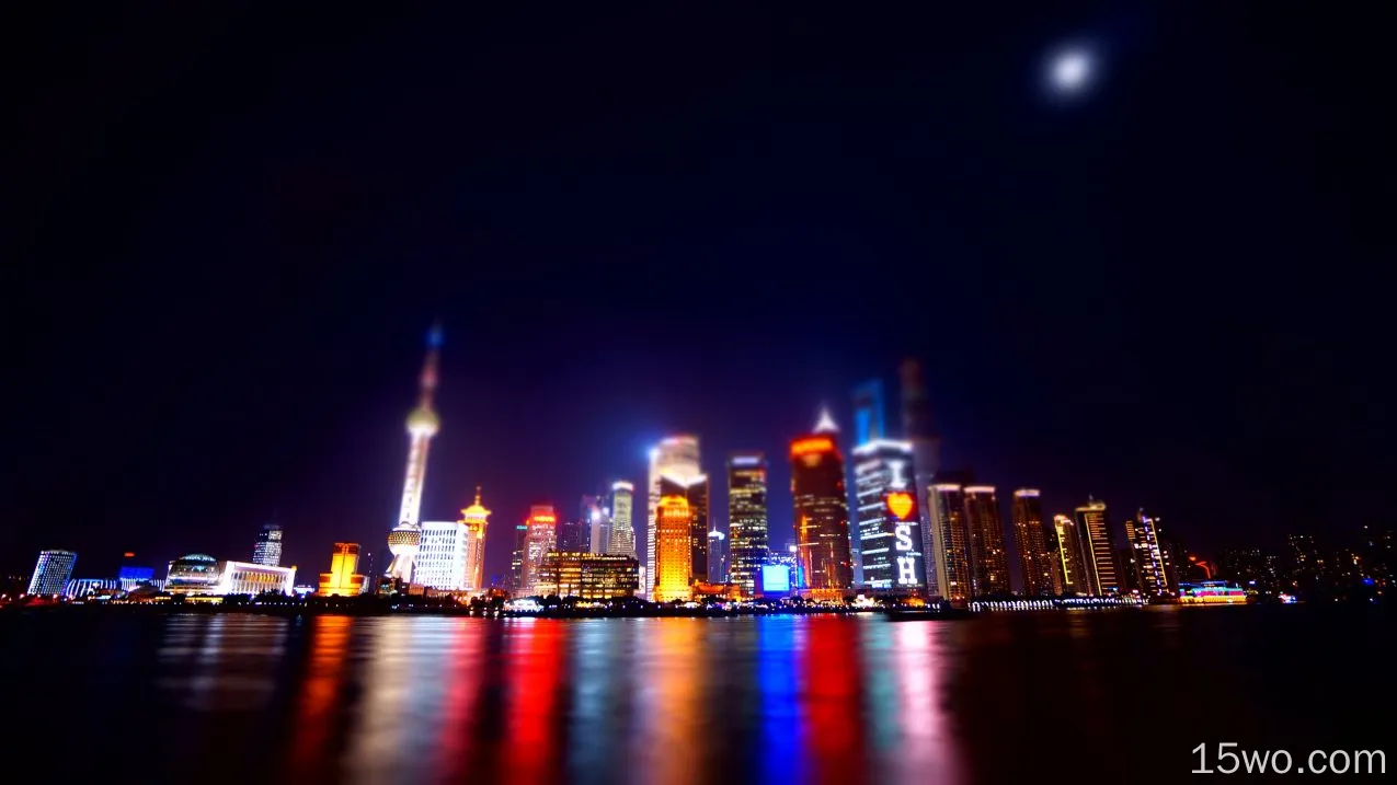 人造 上海 城市 中国 光 倒影 夜晚 高清壁纸