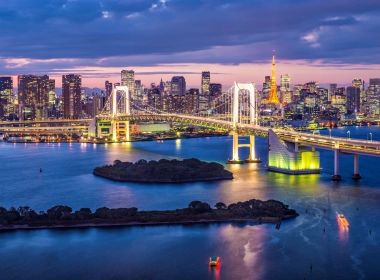 人造 Rainbow Bridge 桥 城市 建筑 东京 Skyline Bay Tokyo Bay 日本 岛屿 光 高清壁纸 3840x2160