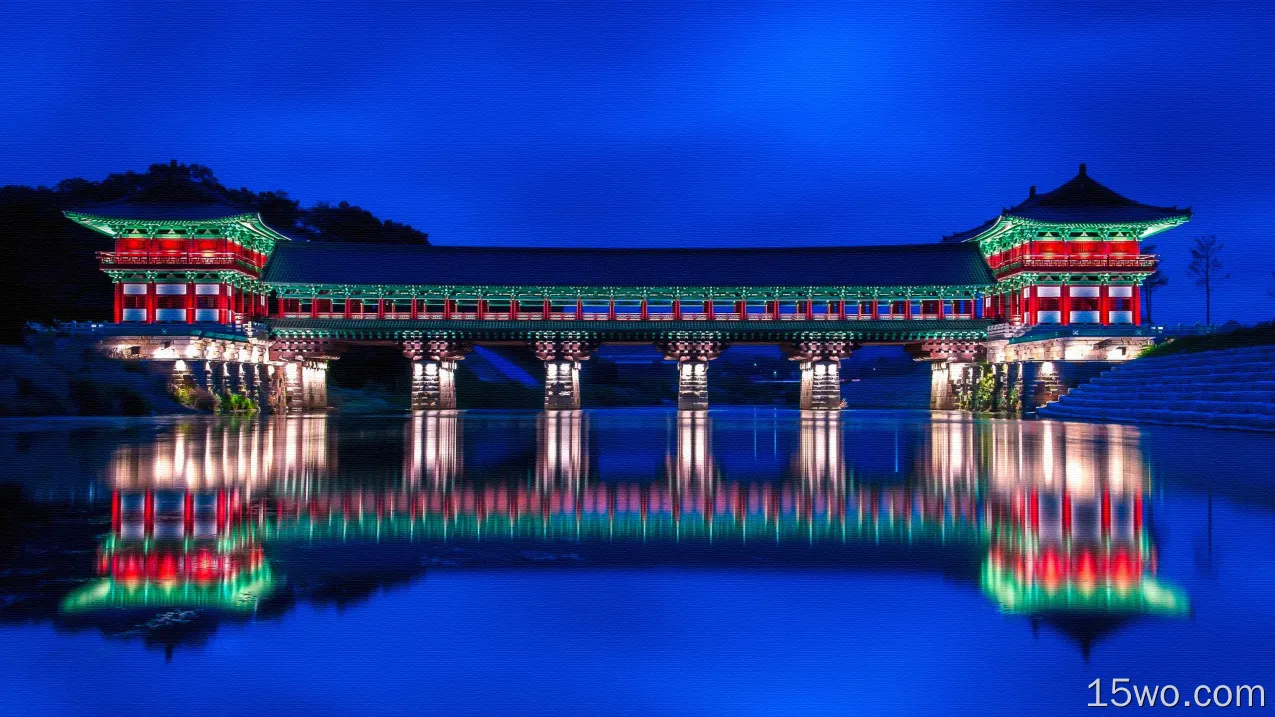 人造 桥 倒影 蓝色 艺术 高清壁纸