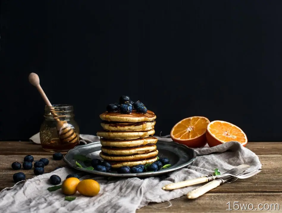 食物 Pancake 蓝莓 蜂蜜 早餐 静物 orange 高清壁纸