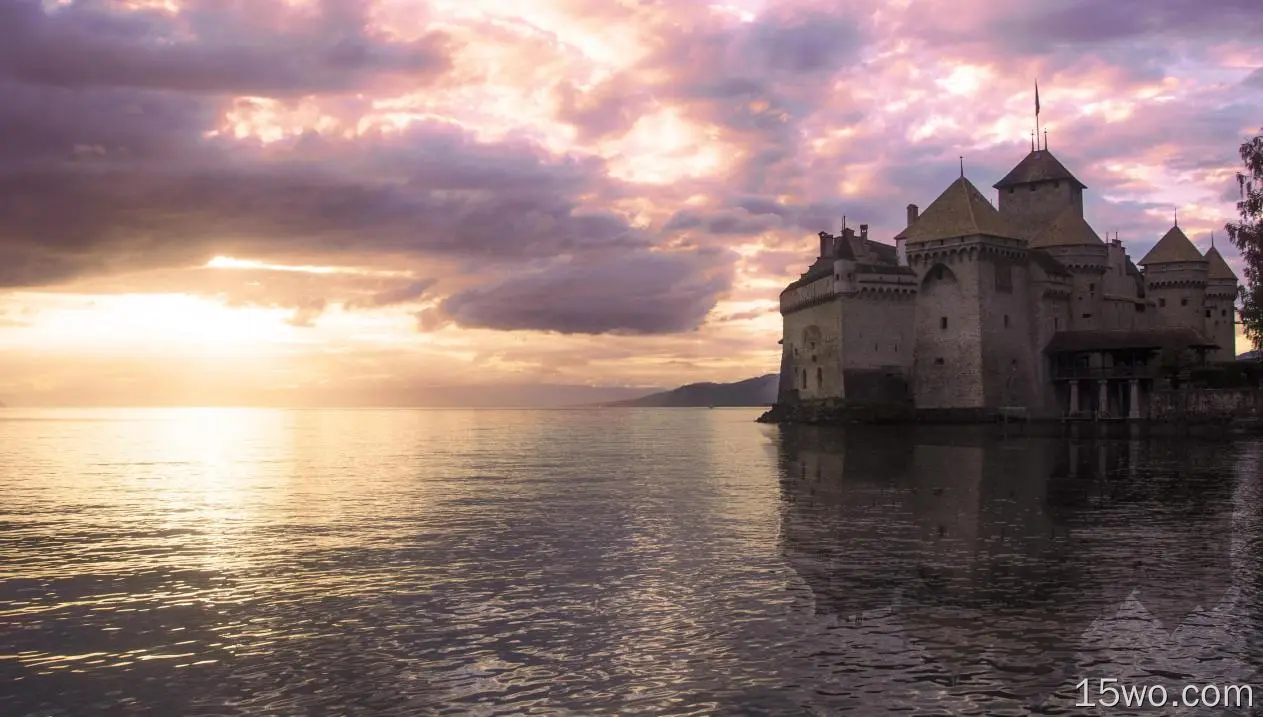 人造 西庸城堡 城堡 瑞士 日落 水 湖泊 倒影 建筑 Man Made 云 Chillon Castle Lake Geneva 高清壁纸