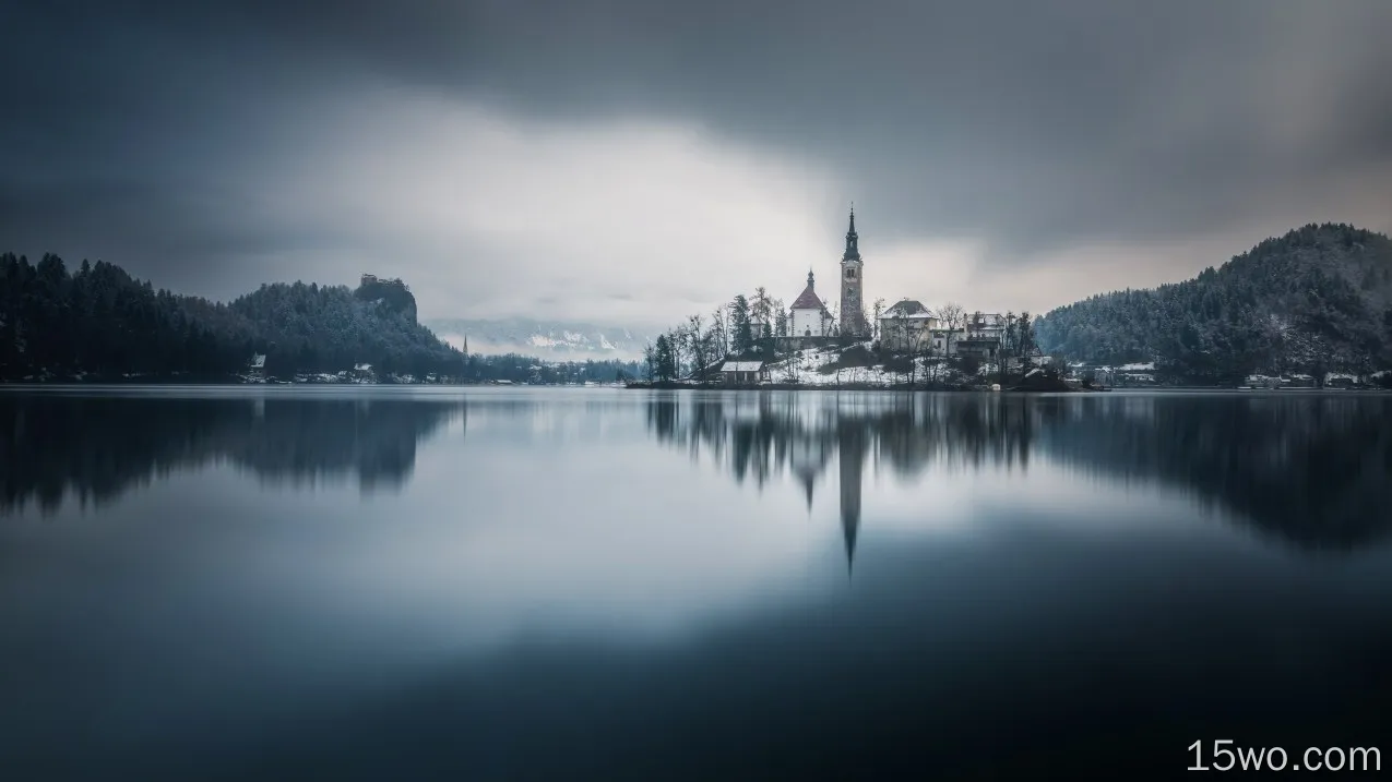 教堂，布莱德，斯洛文尼亚，湖泊，树木，雪，冬天