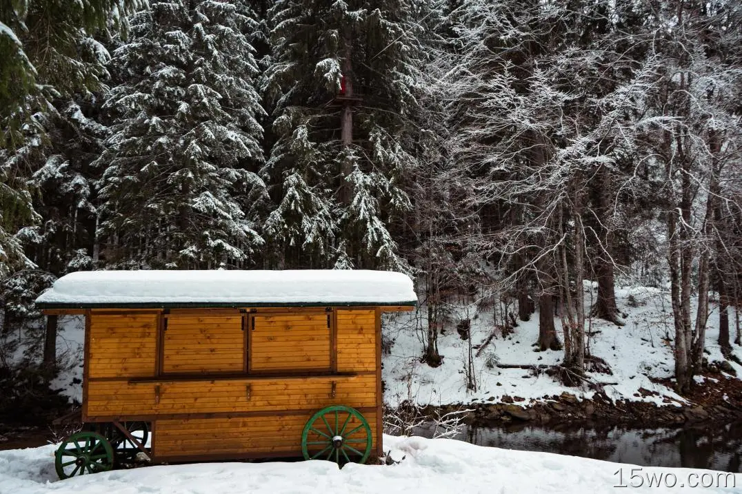 小屋、森林、雪、冬天、树木、心情